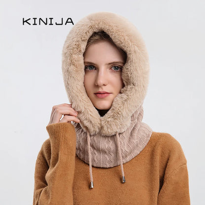 Winter Fur Cap Mask Set Hooded for Women