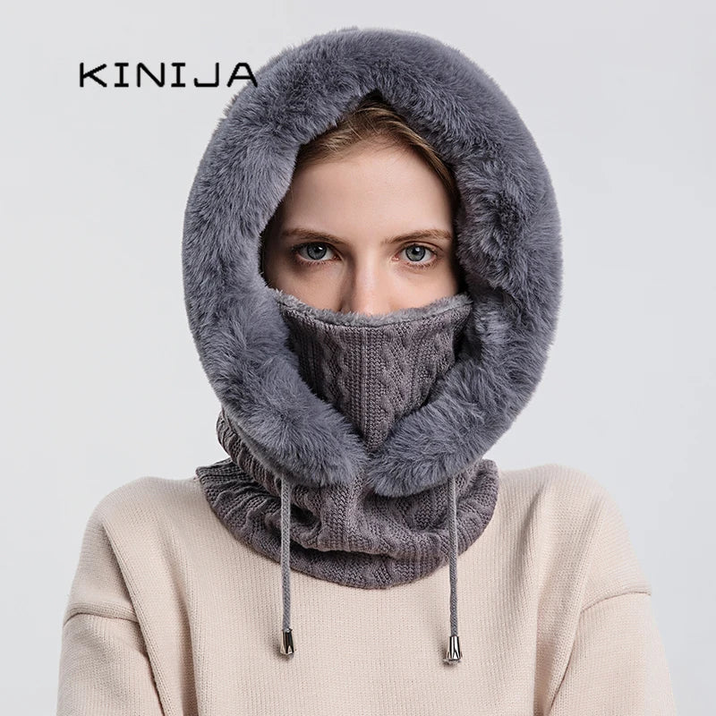 Winter Fur Cap Mask Set Hooded for Women