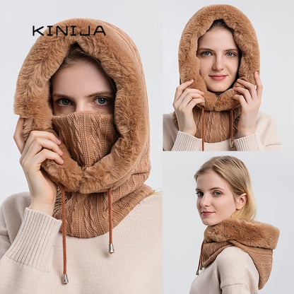 Winter Fur Cap Mask Set Hooded for Women