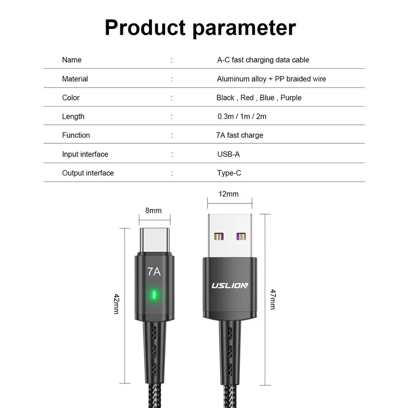 7A 3M USB тип C кабел