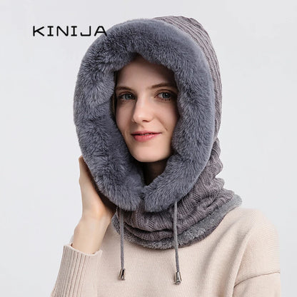 Winter Fur Cap Mask Set Hooded for Women