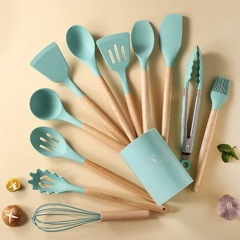 12Pcs/Set Wooden Handle Silicone