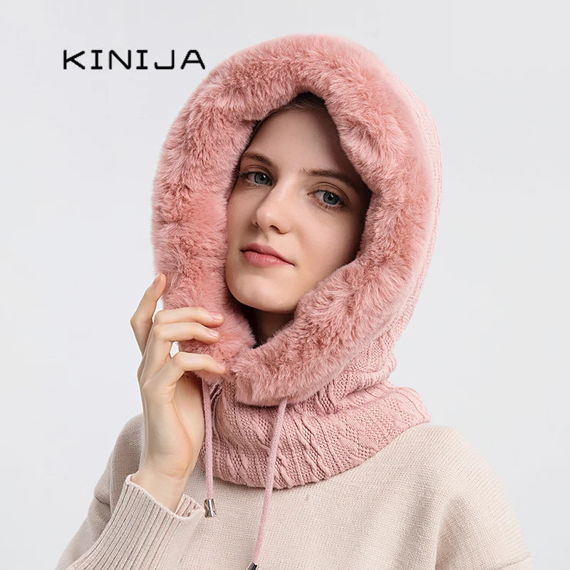 Winter Fur Cap Mask Set Hooded for Women