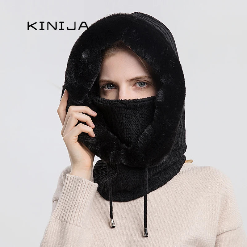 Winter Fur Cap Mask Set Hooded for Women